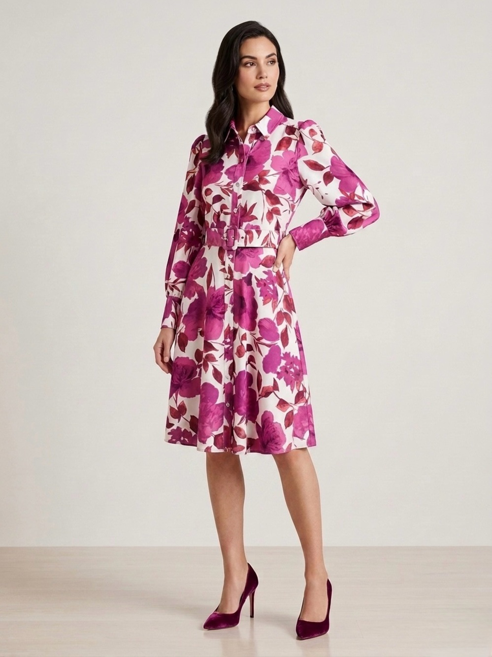 Neiman Marcus Pink Floral Belted Shirt Dress